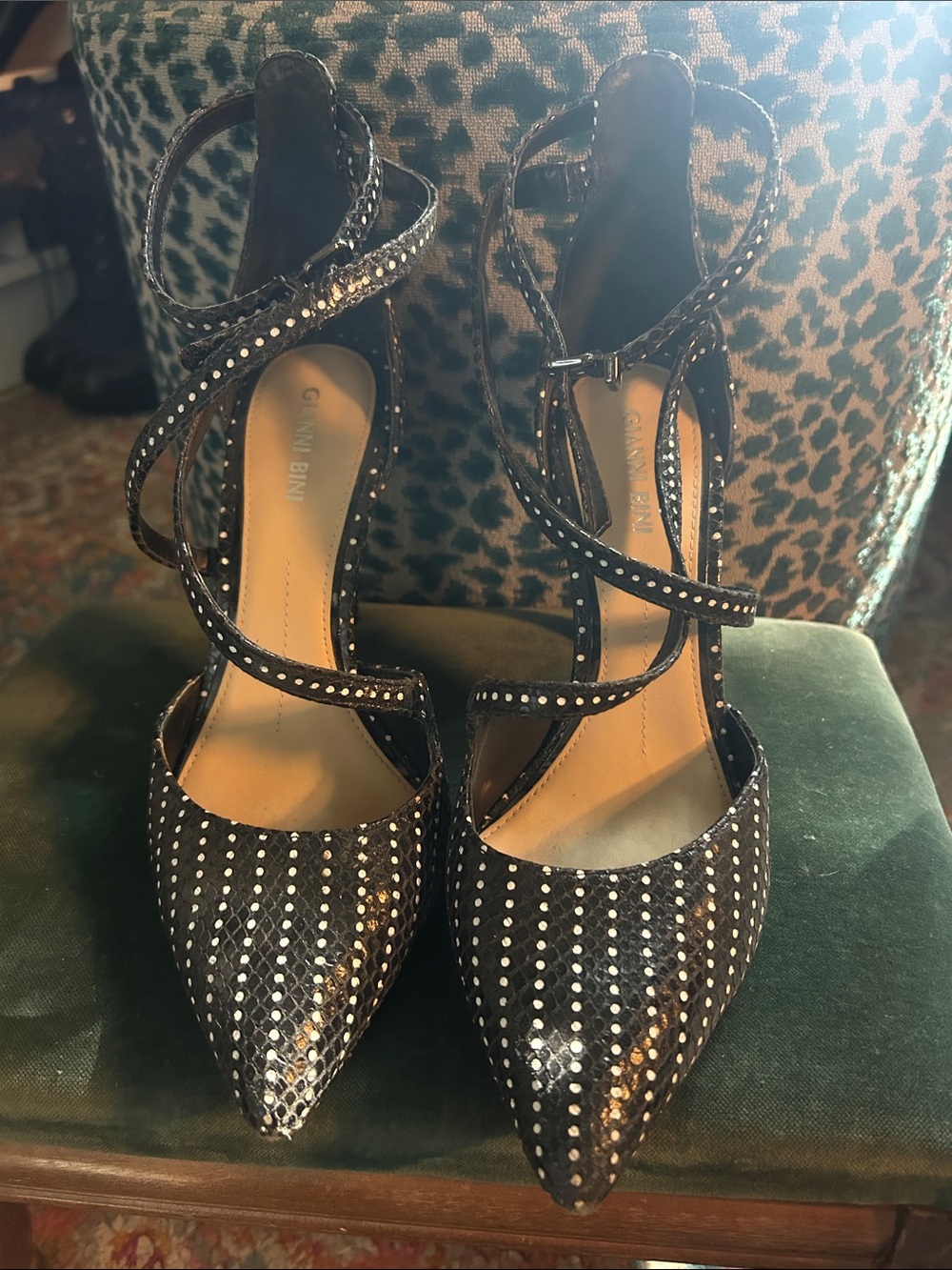 Gianni Bini Black Crystal-Stud Wrappoint Heels
